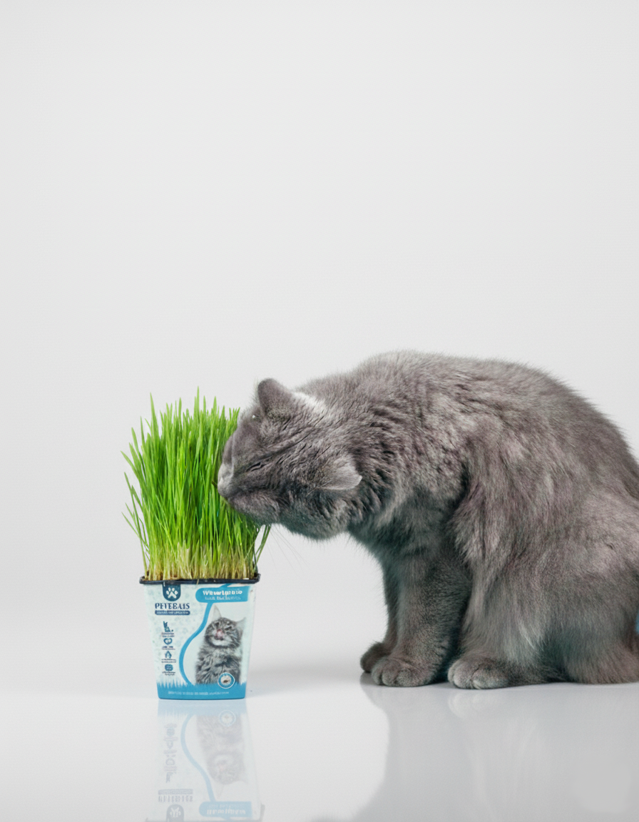 Gato gris junto a una maceta de PETGRASS