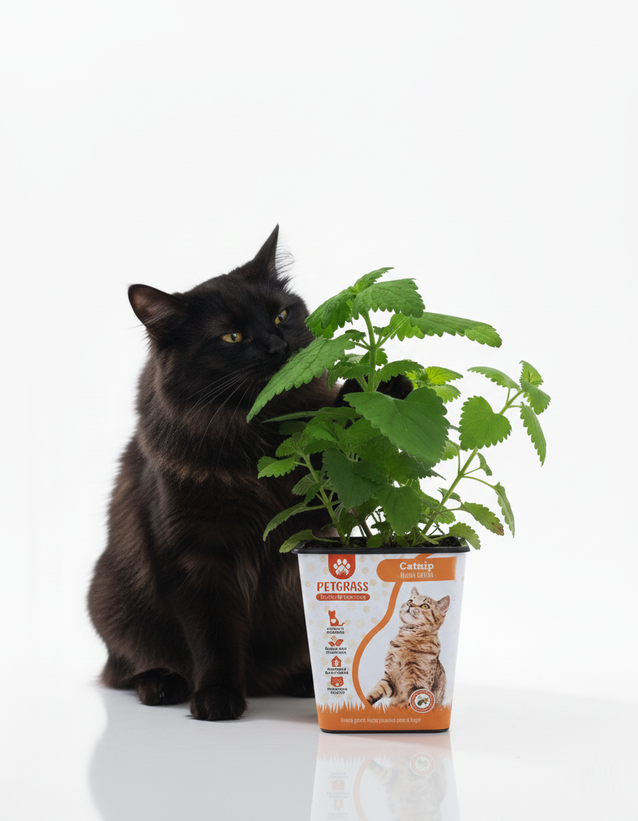Gato negro comiendo PETGRASS