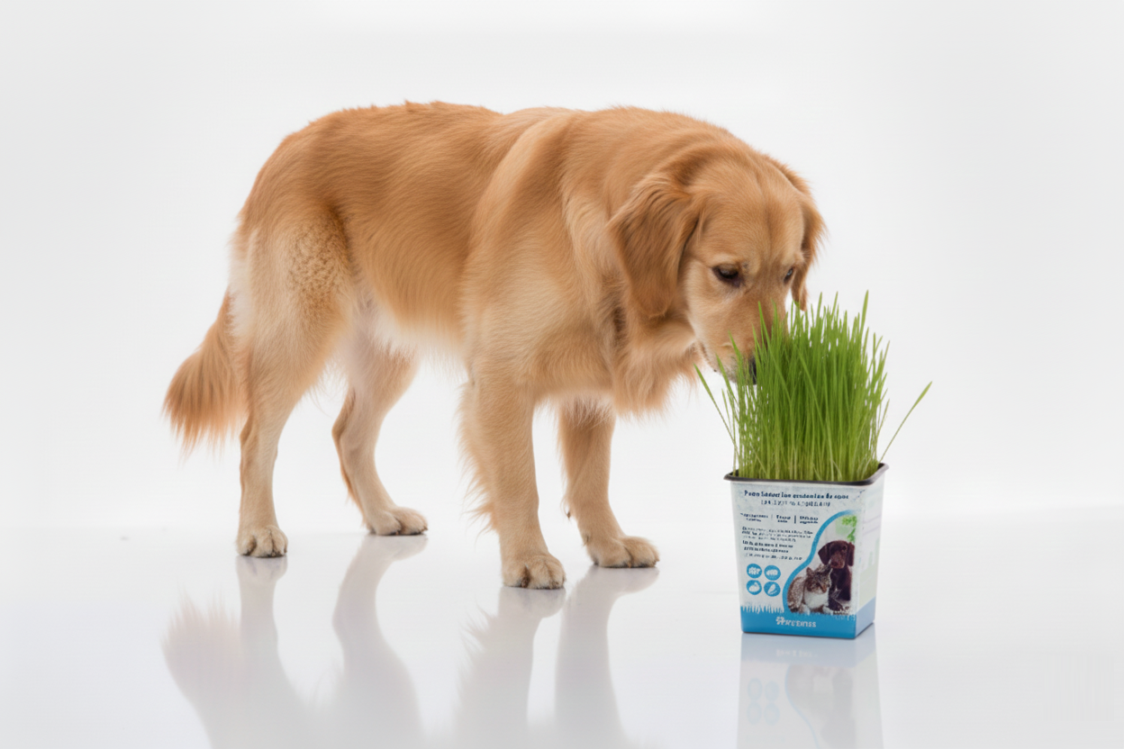 Golden Retriever oliendo una maceta de PETGRASS